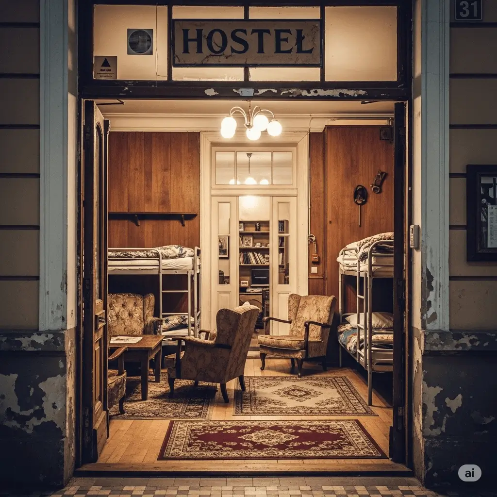 Klimatyczny korytarz z oryginalną ceglaną ścianą i starymi obrazami