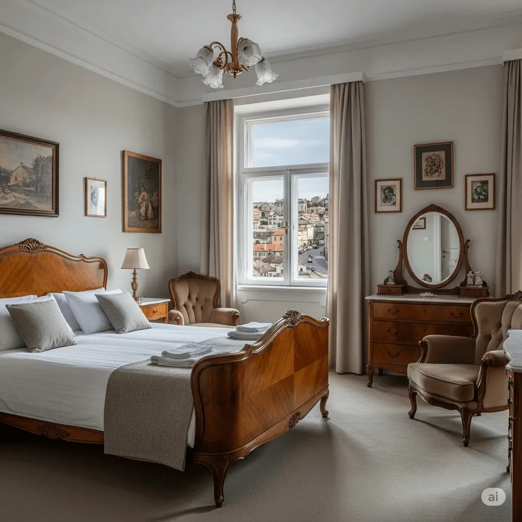 Elegancki pokój w stylu retro z dużym, wygodnym łóżkiem